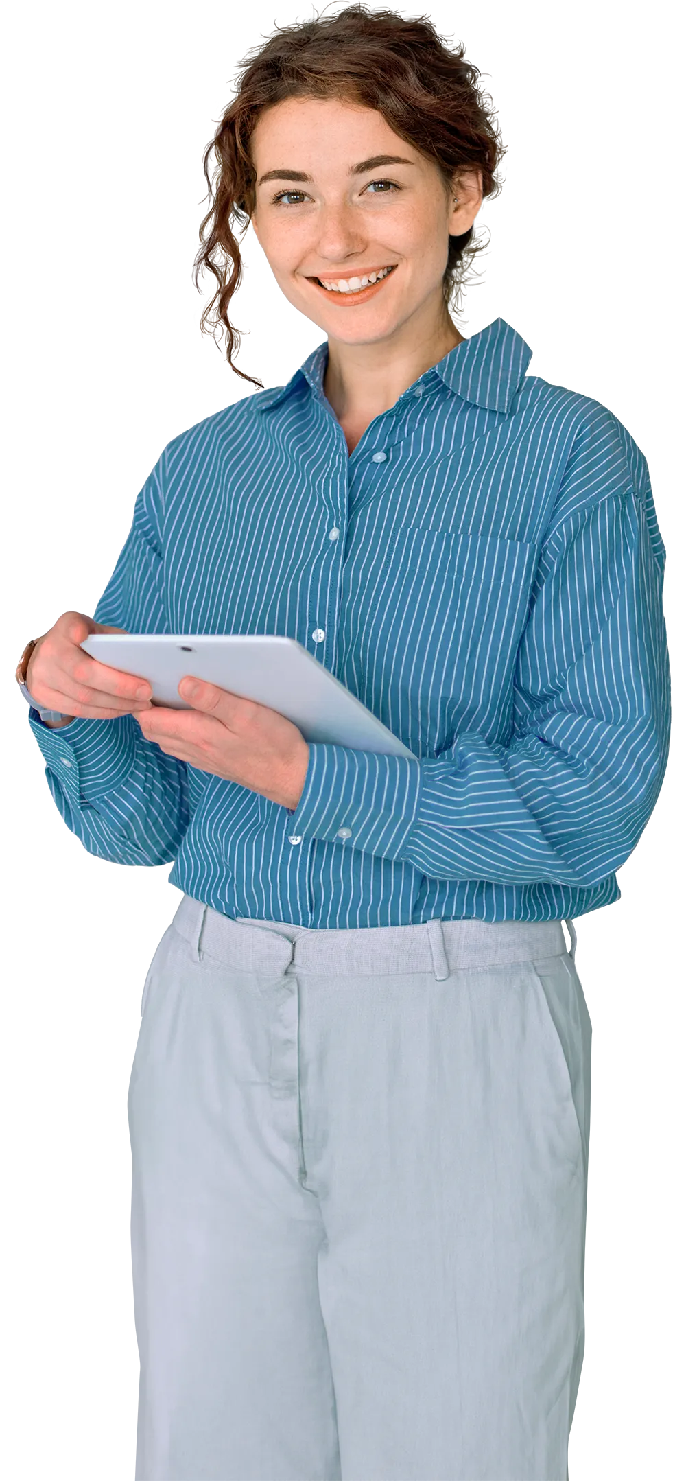Auszubildende bei der AWSH mit einem Tablet in der Hand.