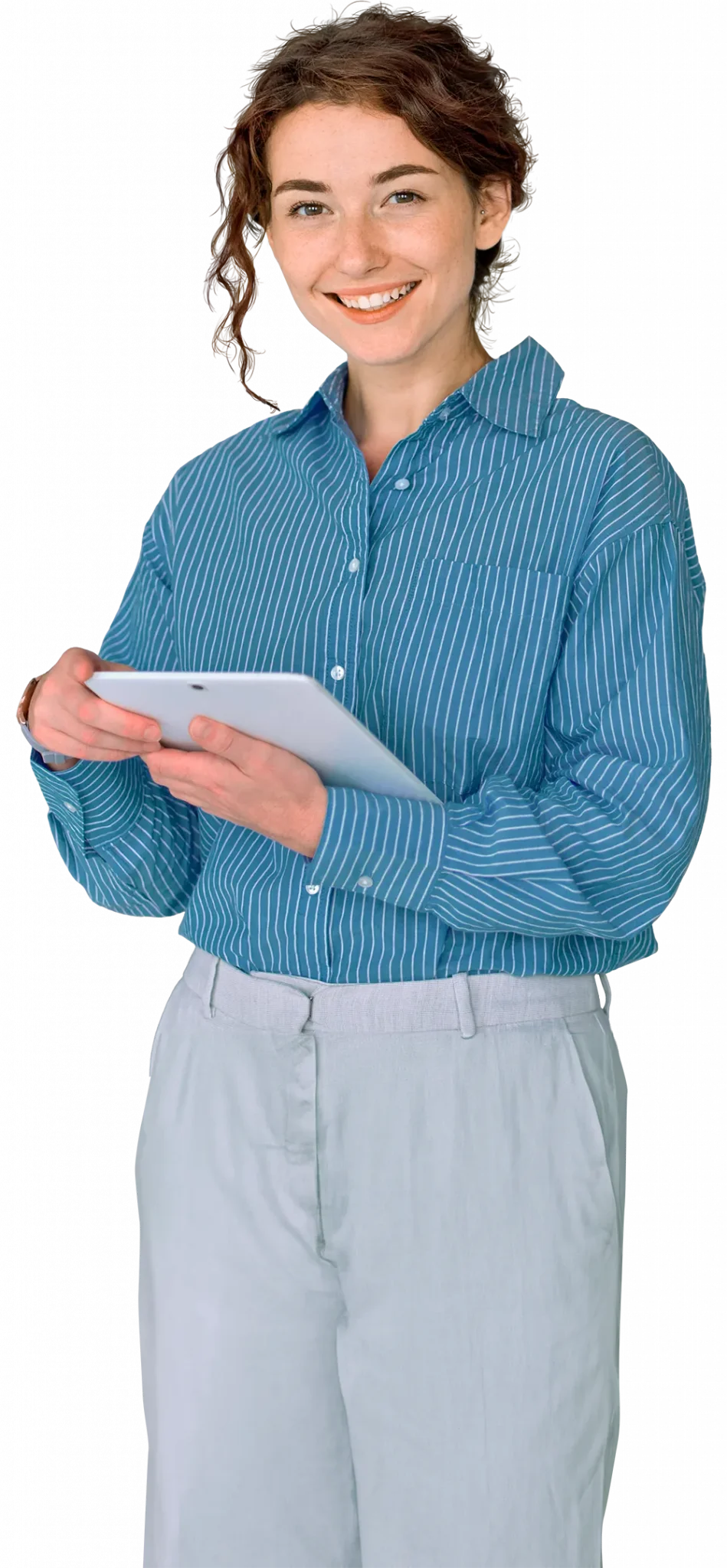 Auszubildende bei der AWSH mit einem Tablet in der Hand.